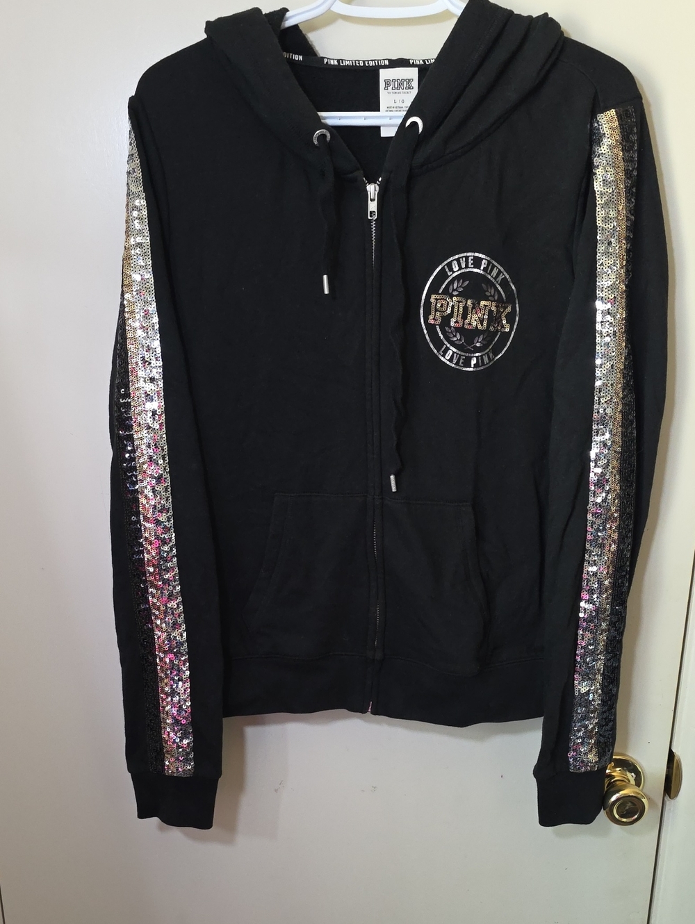 PINK Victoria's Secret Black Hoodie with Sequin Sleeve Stripes